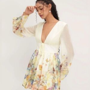 Commense Elegant Floral Long Sleeve Dress with deep plunge and butterflies
